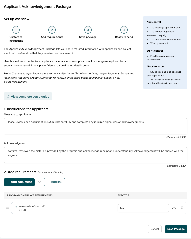 Screenshot: Compliance section — package creation form with Instructions, Acknowledgement, and document upload fields visible