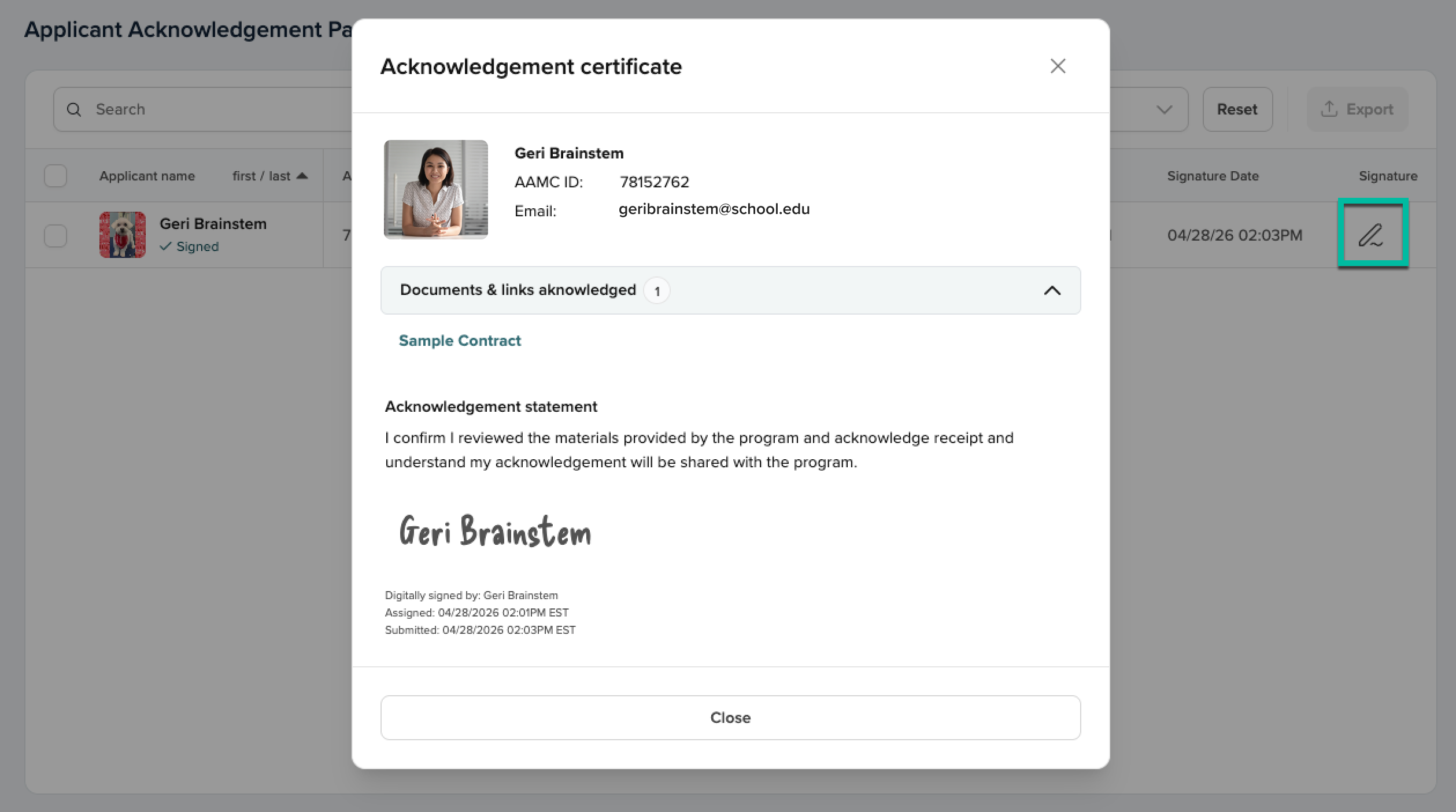Screenshot: Applicant Acknowledgement Package Report — status columns, Export button, and pen icon in Signature column visible