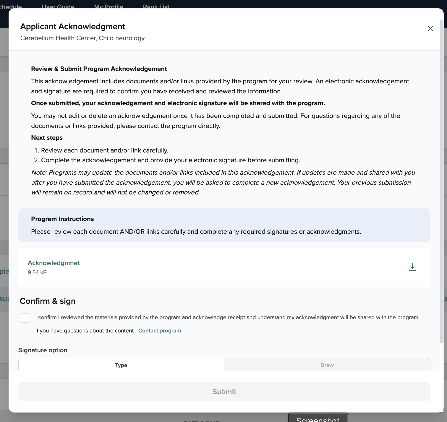 Screenshot: Program Acknowledgement submission flow — checkbox, signature box, and Submit button visible