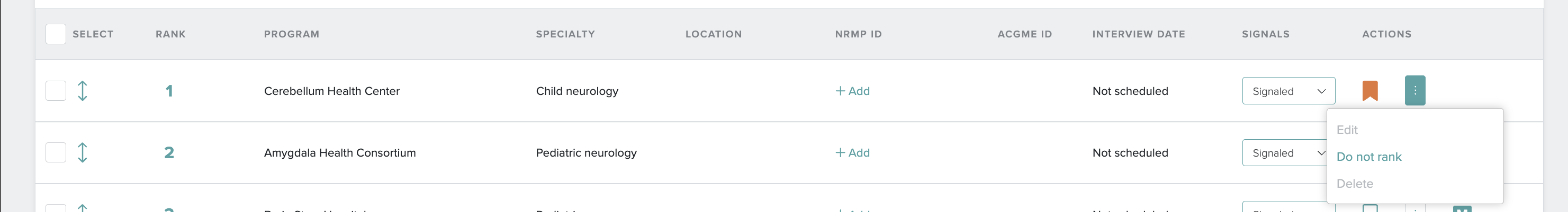 Screenshot: Program row — bookmark icon and three-dot menu visible