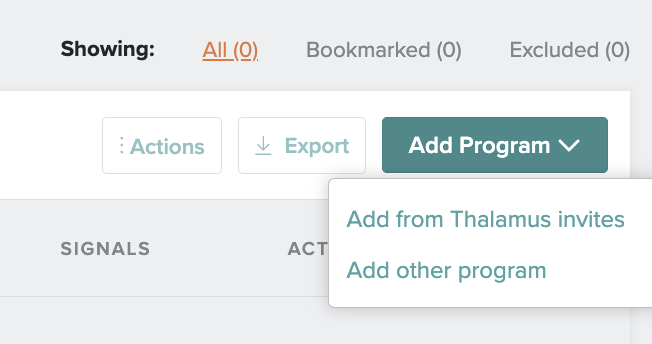 Screenshot: "Add Program" dropdown — "Add from Thalamus invites" selected
