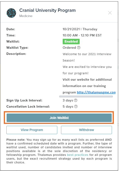 Waitlist Scheduling and Management for Applicants ThalamusGME